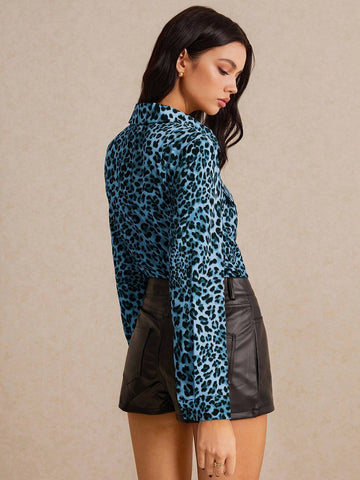 Women Casual Leopard Print Front Button Long Sleeve Shirt, Autumn