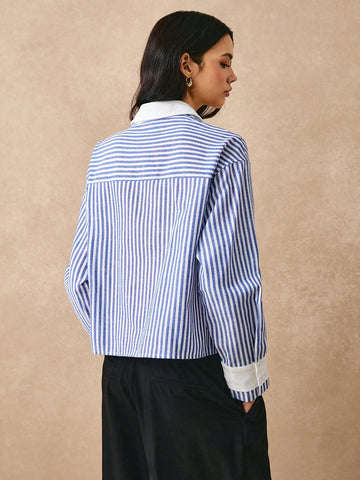 Women Casual Striped Letter Print Shirt,Long Sleeve Shirt