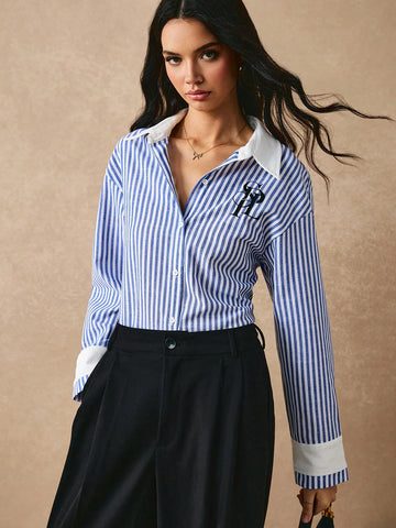 Women Casual Striped Letter Print Shirt,Long Sleeve Shirt