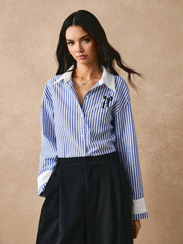 Women Casual Striped Letter Print Shirt,Long Sleeve Shirt