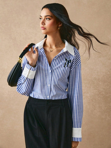 Women Casual Striped Letter Print Shirt,Long Sleeve Shirt