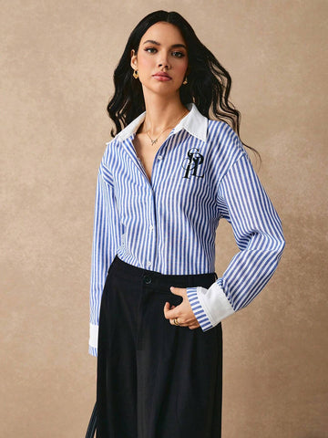Women Casual Striped Letter Print Shirt,Long Sleeve Shirt