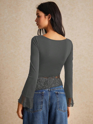 Women Clothes,Women Shirts, Women's Fall Clothes Summer Slim Fit Asymmetric Lace Long Sleeve T-Shirt With Hem Splicing And Flutter Design, Halloween Costume Coquette Top, All Season Essential, Comfy High Strech Fabric