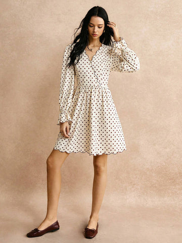 Poéselle Women Color Block Ruffle Trim Shell Edge Long Sleeve Pleated Casual Mini Dress 24 FW