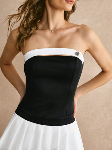 Poéselle Women Contrast Color Pleated Elegant Strapless Mini Dress