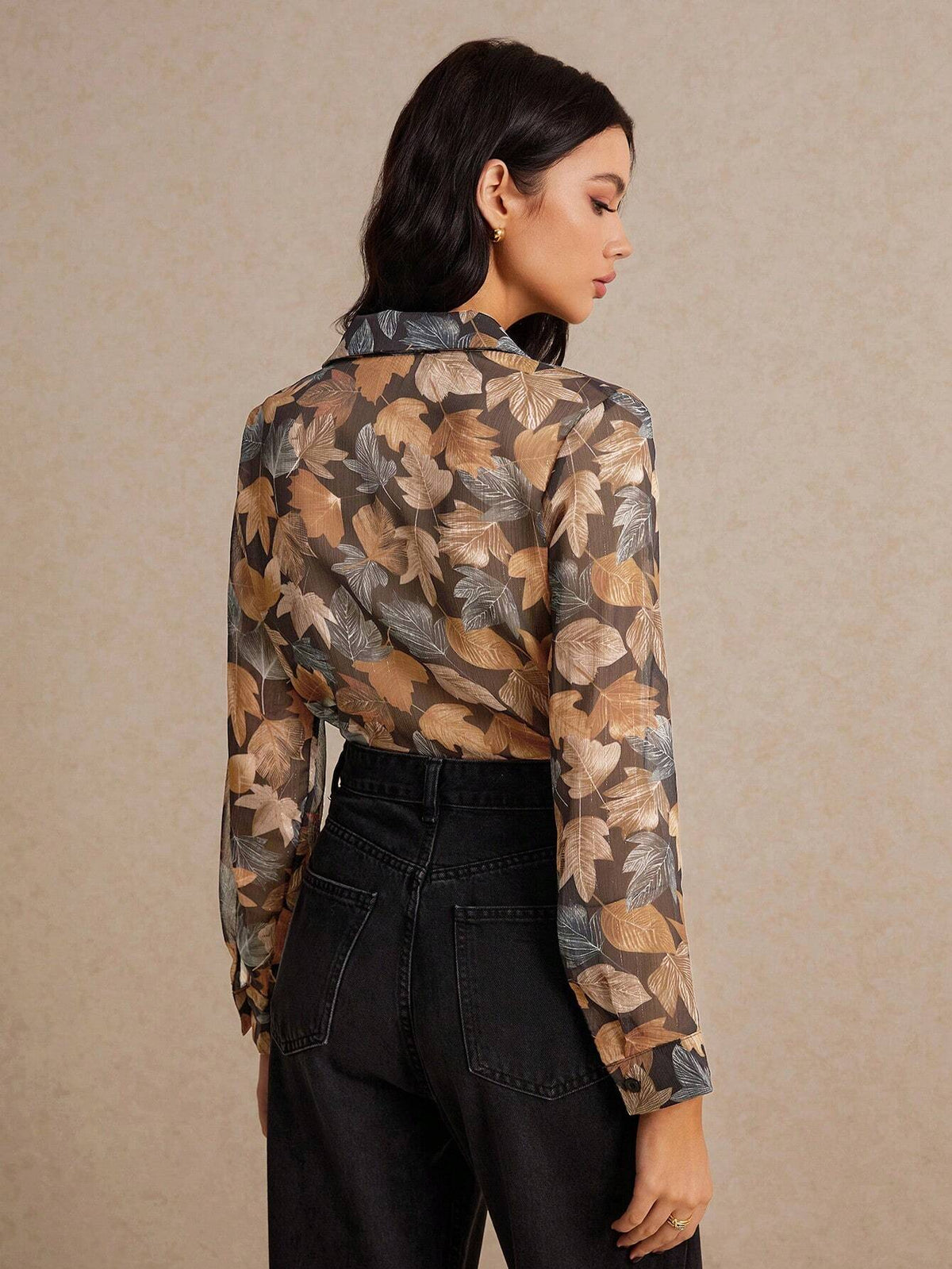 Women Floral Print Front Button Elegant Long Sleeve Blouse