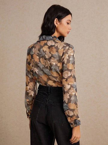 Women Floral Print Front Button Elegant Long Sleeve Blouse