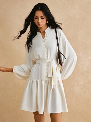 Poéselle Women Mini Lace-Up Long Sleeve Solid Color Casual Dress, Minimalist Fashion