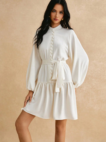 Poéselle Women Mini Lace-Up Long Sleeve Solid Color Casual Dress, Minimalist Fashion