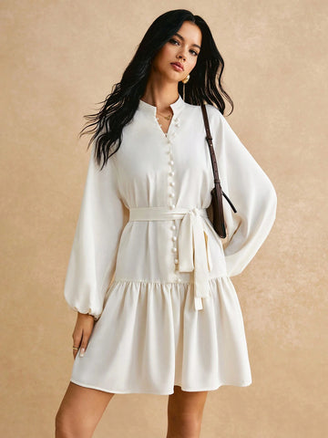 Poéselle Women Mini Lace-Up Long Sleeve Solid Color Casual Dress, Minimalist Fashion