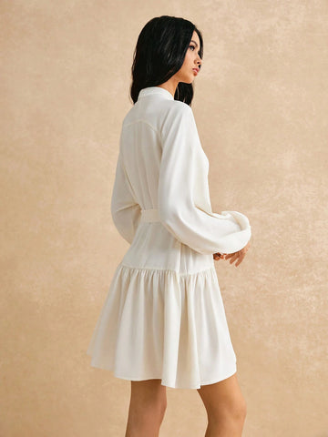Poéselle Women Mini Lace-Up Long Sleeve Solid Color Casual Dress, Minimalist Fashion