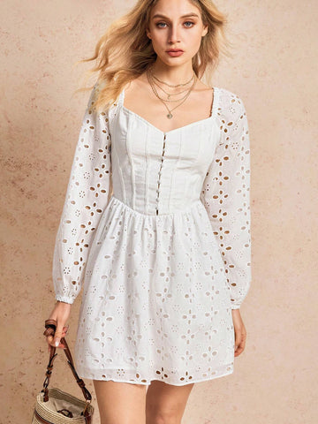 Poéselle Women Solid Color Crystal Collar Long Sleeve Casual Short Dress