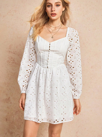 Poéselle Women Solid Color Crystal Collar Long Sleeve Casual Short Dress