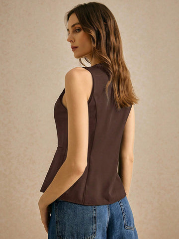 Women Solid Color Round Neck Button Front Sleeveless Casual Blouse