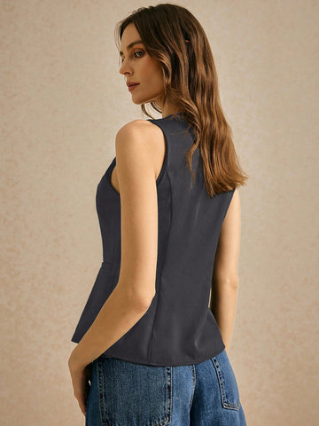 Women Solid Color Round Neck Single-Breasted Sleeveless Casual Shirt