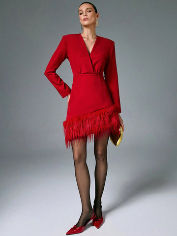 Poéselle Women Solid Color Wrapped V-Neck Long Sleeve Furry Hem Short Elegant Dress