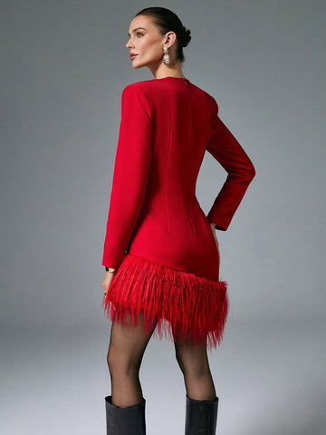 Poéselle Women Solid Color Wrapped V-Neck Long Sleeve Furry Hem Short Elegant Dress