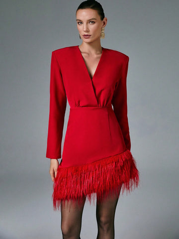 Poéselle Women Solid Color Wrapped V-Neck Long Sleeve Furry Hem Short Elegant Dress