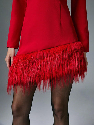 Poéselle Women Solid Color Wrapped V-Neck Long Sleeve Furry Hem Short Elegant Dress