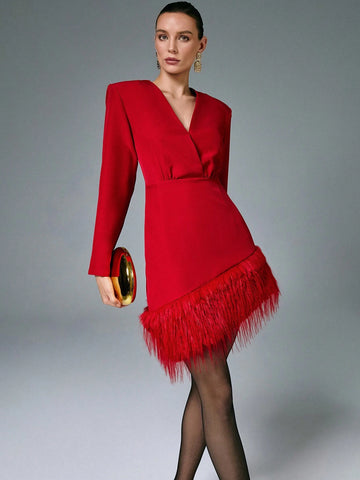 Poéselle Women Solid Color Wrapped V-Neck Long Sleeve Furry Hem Short Elegant Dress