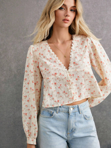 Women V-Neck Floral Print Long Sleeve Lace Patchwork Blouse