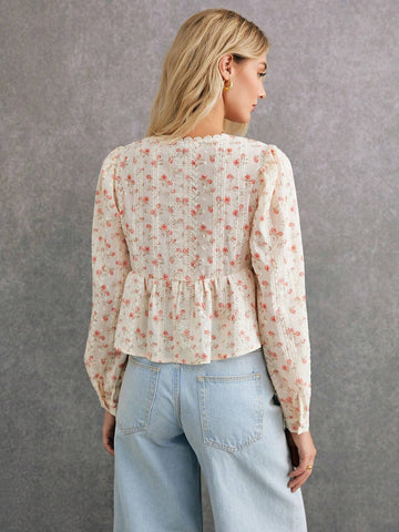 Women V-Neck Floral Print Long Sleeve Lace Patchwork Blouse