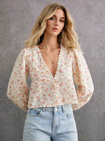 Women V-Neck Floral Print Long Sleeve Lace Patchwork Blouse