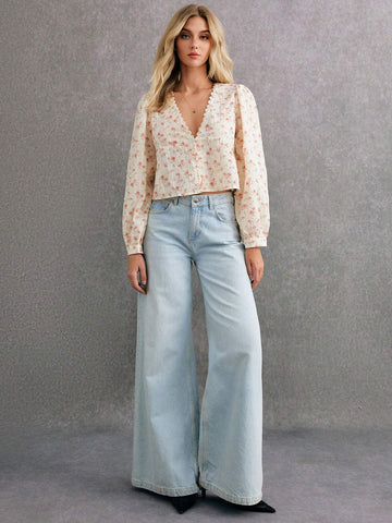 Women V-Neck Floral Print Long Sleeve Lace Patchwork Blouse