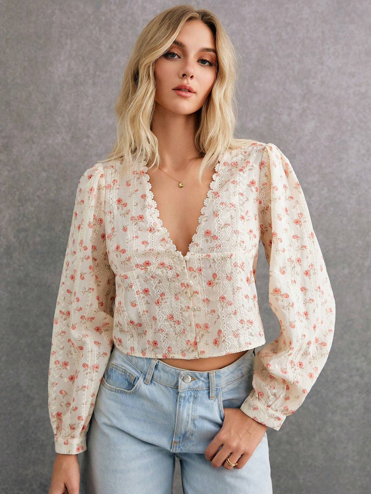 Women V-Neck Floral Print Long Sleeve Lace Patchwork Blouse
