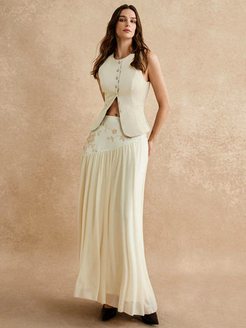 Women's Apricot High Waist Floral Embroidery Pleated Simple A-Line Skirt, Elegant Halter Skirt, Maxi Skirt, Daily Casual Wear, Suitable For Formal Occasions, Dating Out