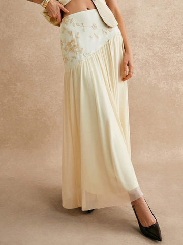 Women's Apricot High Waist Floral Embroidery Pleated Simple A-Line Skirt, Elegant Halter Skirt, Maxi Skirt, Daily Casual Wear, Suitable For Formal Occasions, Dating Out