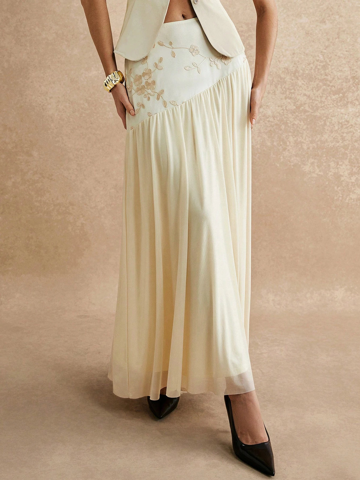 Women's Apricot High Waist Floral Embroidery Pleated Simple A-Line Skirt, Elegant Halter Skirt, Maxi Skirt, Daily Casual Wear, Suitable For Formal Occasions, Dating Out