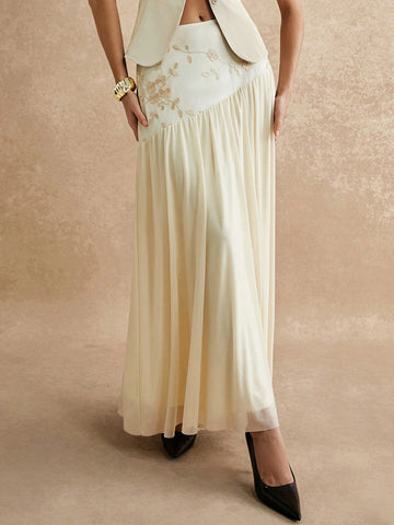 Women's Apricot High Waist Floral Embroidery Pleated Simple A-Line Skirt, Elegant Halter Skirt, Maxi Skirt, Daily Casual Wear, Suitable For Formal Occasions, Dating Out