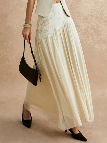 Women's Apricot High Waist Floral Embroidery Pleated Simple A-Line Skirt, Elegant Halter Skirt, Maxi Skirt, Daily Casual Wear, Suitable For Formal Occasions, Dating Out