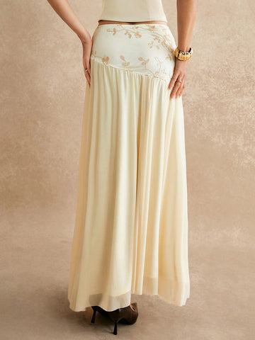 Women's Apricot High Waist Floral Embroidery Pleated Simple A-Line Skirt, Elegant Halter Skirt, Maxi Skirt, Daily Casual Wear, Suitable For Formal Occasions, Dating Out