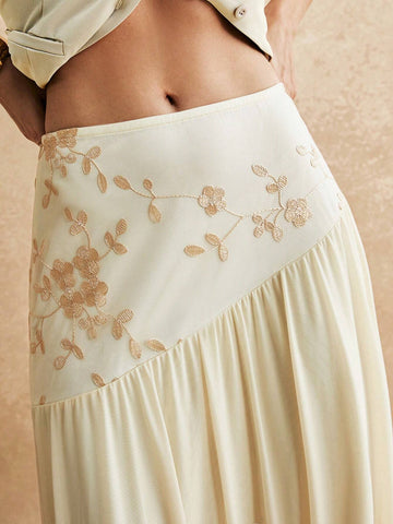 Women's Apricot High Waist Floral Embroidery Pleated Simple A-Line Skirt, Elegant Halter Skirt, Maxi Skirt, Daily Casual Wear, Suitable For Formal Occasions, Dating Out