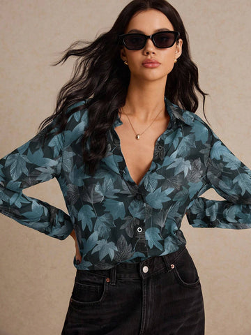Women's Autumn Leaf Print Long Sleeve Single Breasted Casual Shirt