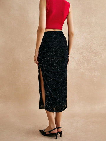 Poéselle Women's Bottoms Party Skirts Valentine's Day Evening Rhinestone Decor Ruched Long Skirt, Fashionable Elegant