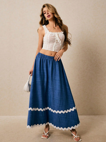 Poéselle Women's Casual Everyday Contrast Rib Waist A-Line Skirt