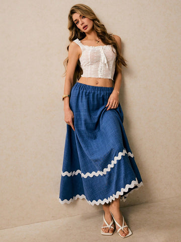 Poéselle Women's Casual Everyday Contrast Rib Waist A-Line Skirt