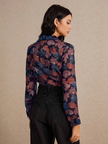 Poéselle Women's Casual Leaf Print Blouse, Spring Autumn