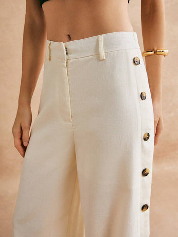 Poéselle Women's Casual Simple Button Embellished Loose Wide Leg Pants, Formal Pants, Women's Formal Pants, Autumn Women's Clothing For Fall