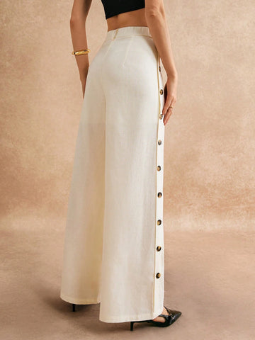 Poéselle Women's Casual Simple Button Embellished Loose Wide Leg Pants, Formal Pants, Women's Formal Pants, Autumn Women's Clothing For Fall