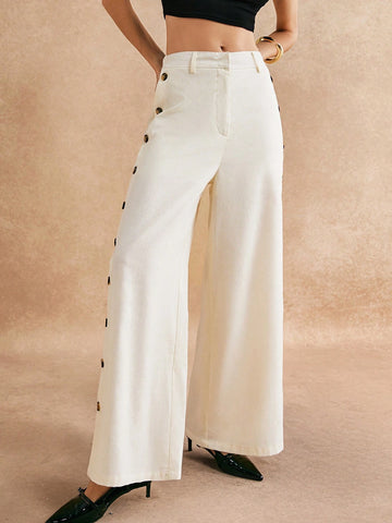 Poéselle Women's Casual Simple Button Embellished Loose Wide Leg Pants, Formal Pants, Women's Formal Pants, Autumn Women's Clothing For Fall