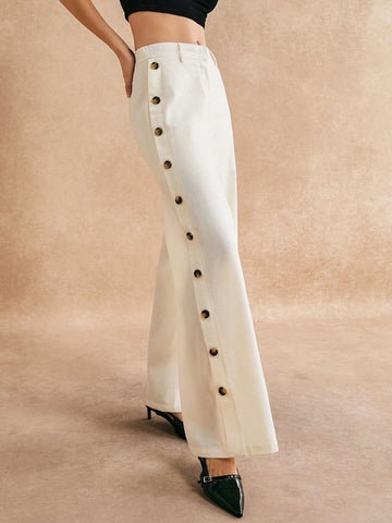 Poéselle Women's Casual Simple Button Embellished Loose Wide Leg Pants, Formal Pants, Women's Formal Pants, Autumn Women's Clothing For Fall
