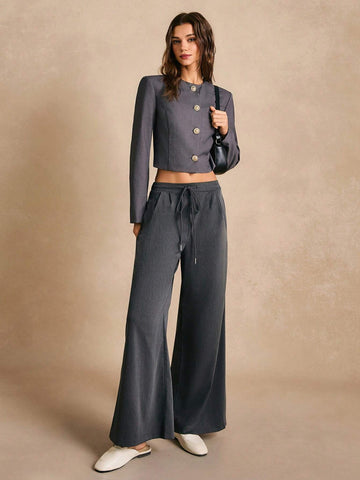 Poéselle Women's Drawstring Waist Solid Color Wide Leg Loose Casual Pants,Effortless Chic Essential