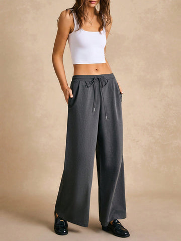 Poéselle Women's Drawstring Waist Solid Color Wide Leg Loose Casual Pants,Effortless Chic Essential