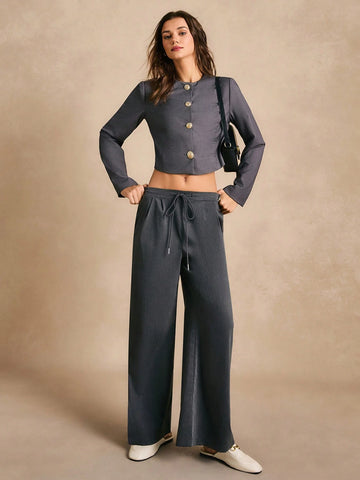 Poéselle Women's Drawstring Waist Solid Color Wide Leg Loose Casual Pants,Effortless Chic Essential