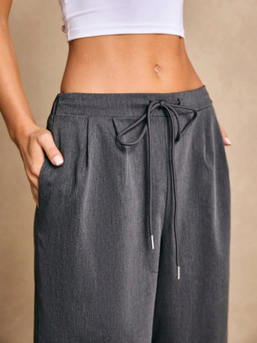 Poéselle Women's Drawstring Waist Solid Color Wide Leg Loose Casual Pants,Effortless Chic Essential