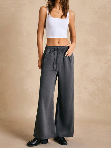 Poéselle Women's Drawstring Waist Solid Color Wide Leg Loose Casual Pants,Effortless Chic Essential